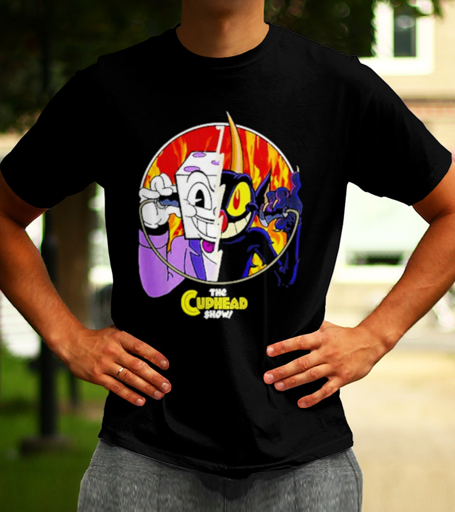 The Cuphead Show King Dice Devil Iconic Faces Fiery Background T-Shirt