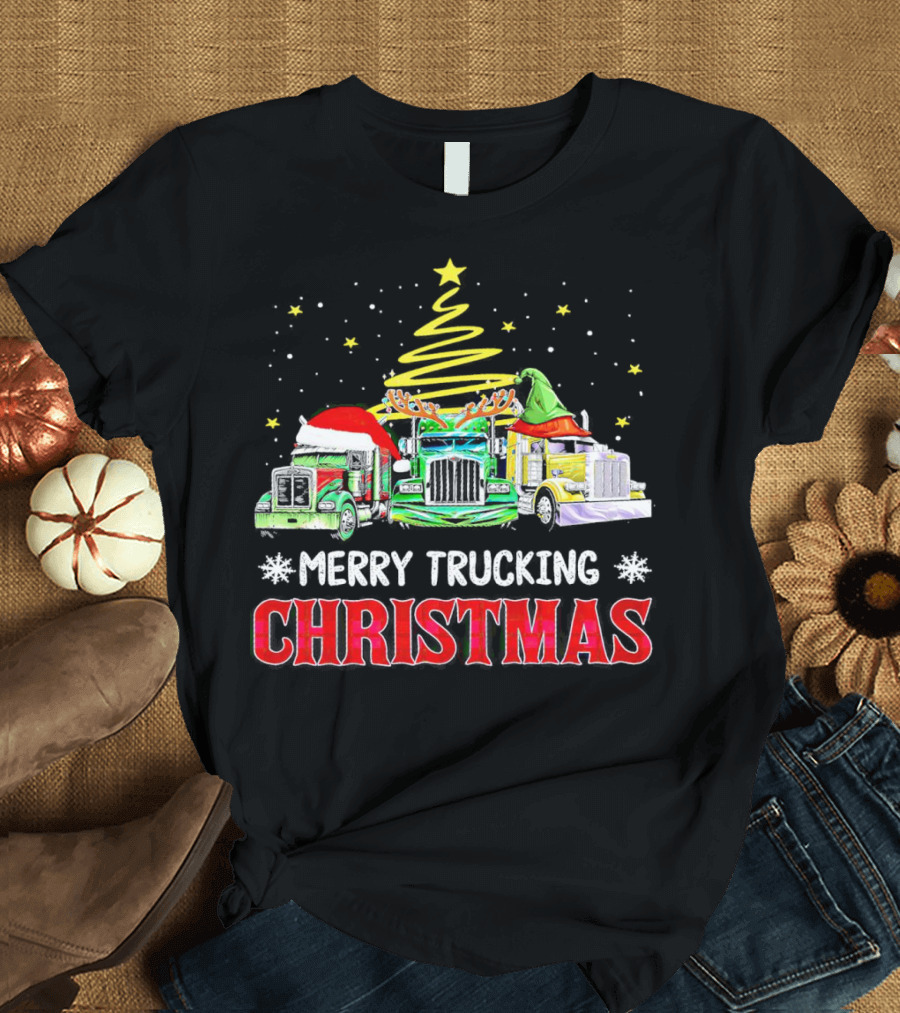 Merry Trucking Christmas With Festive Decorated Trucks And Starry Tree T-Shirt
