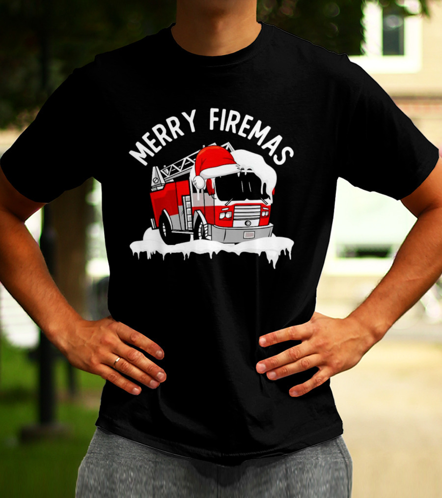 Merry Firemas Fire Truck Santa Hat Christmas T-Shirt