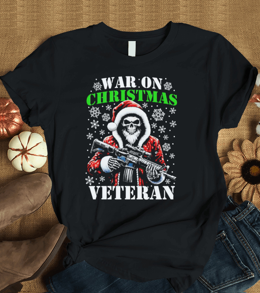 War On Christmas Veteran Skeleton Santa With Rifle Snowflakes T-Shirt