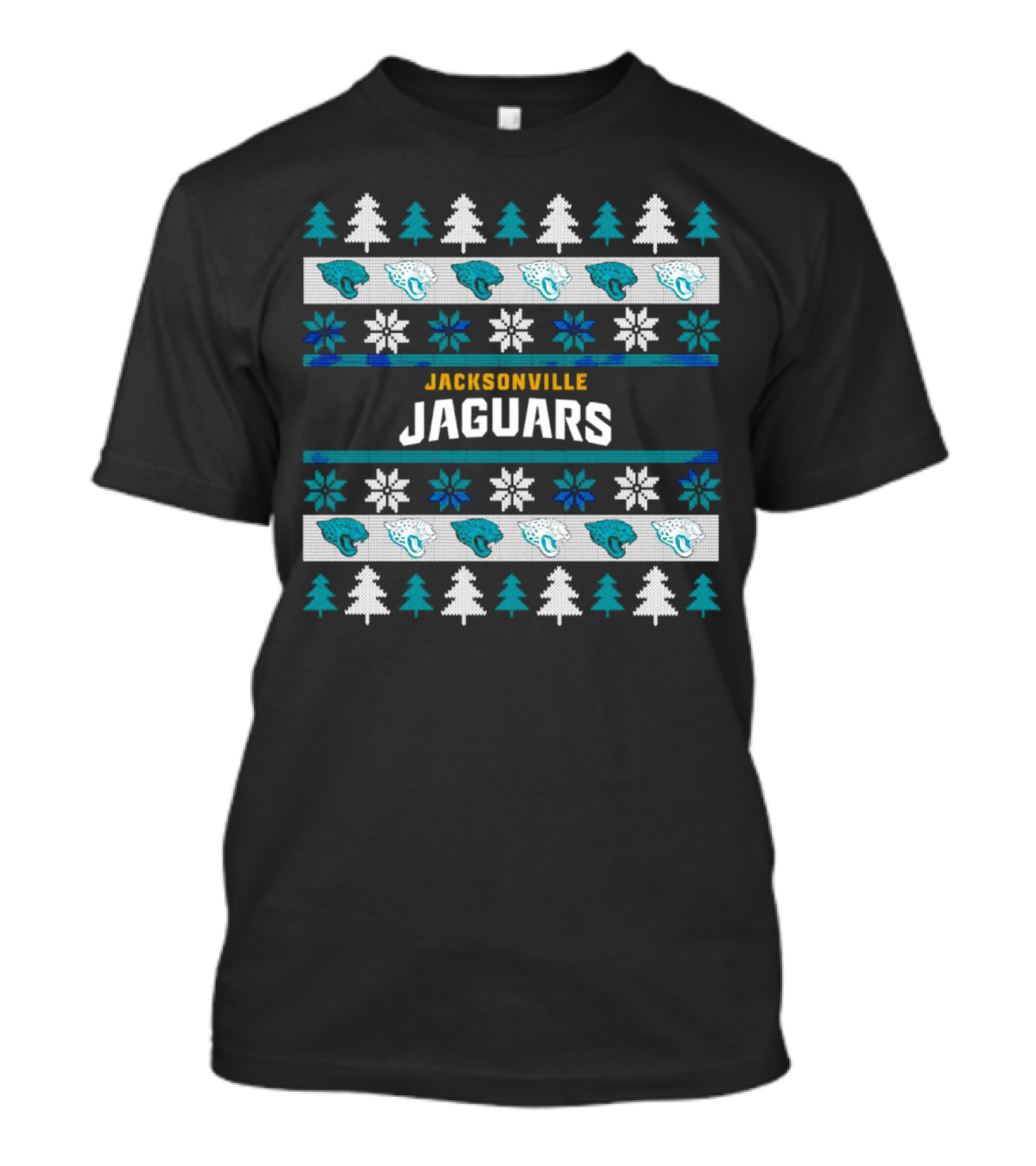 Jacksonville Jaguars Ugly Christmas Sweater Football Holiday Trees Snowflakes​​ T-Shirt