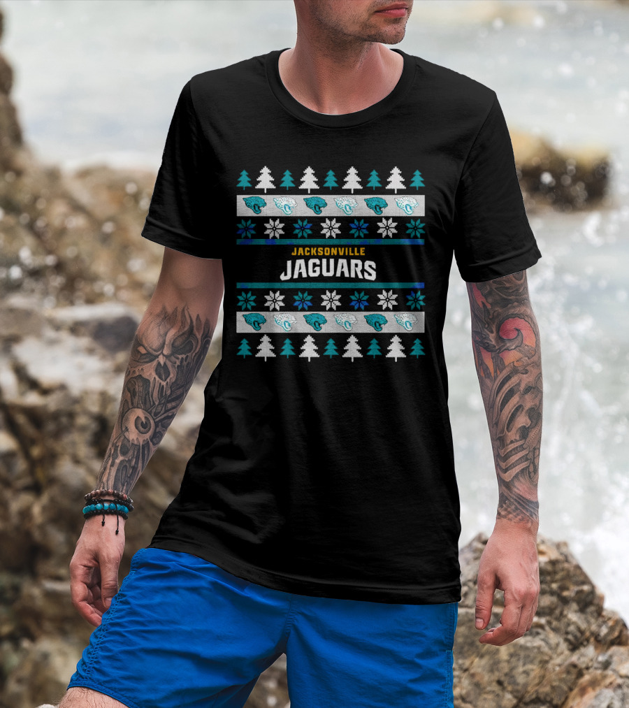 Jacksonville Jaguars Ugly Christmas Sweater Football Holiday Trees Snowflakes​​ T-Shirt