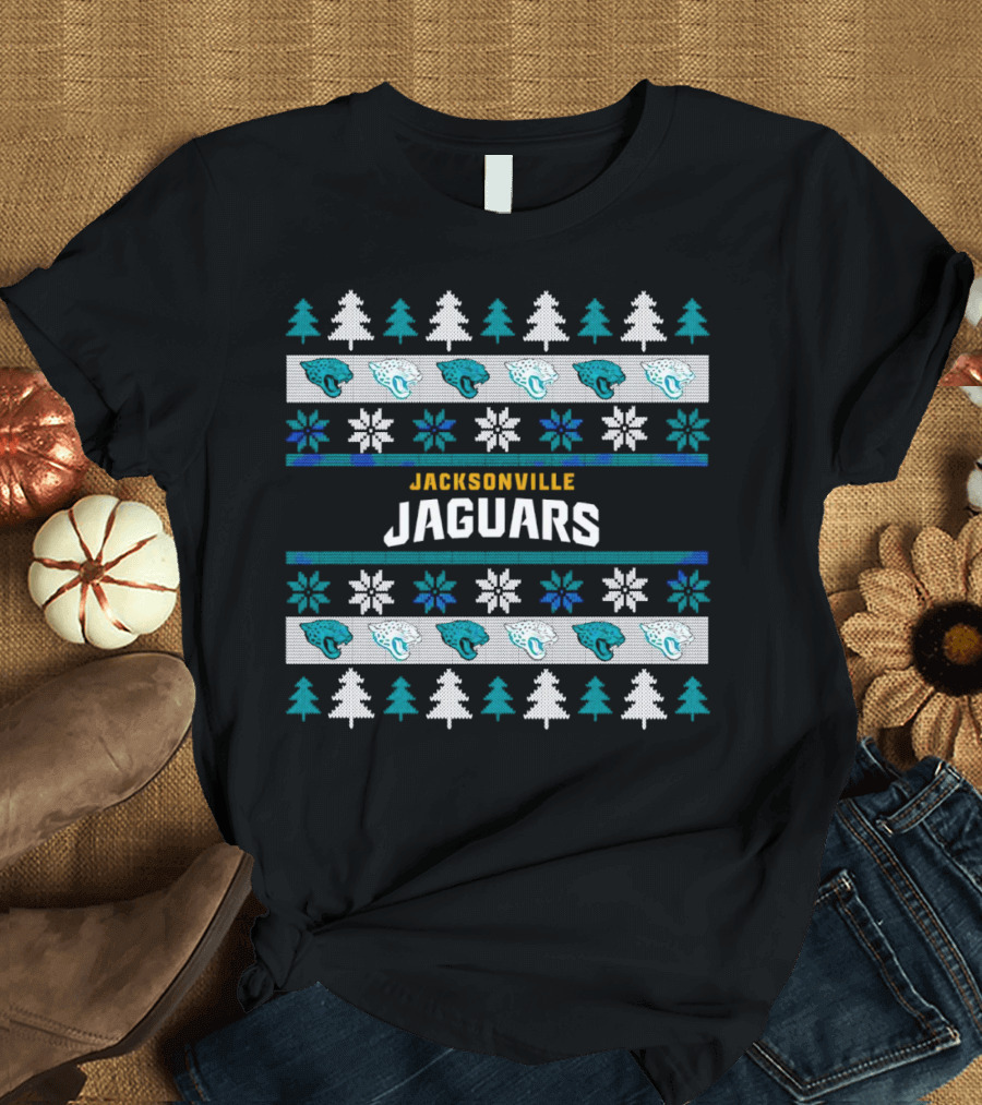 Jacksonville Jaguars Ugly Christmas Sweater Football Holiday Trees Snowflakes​​ T-Shirt