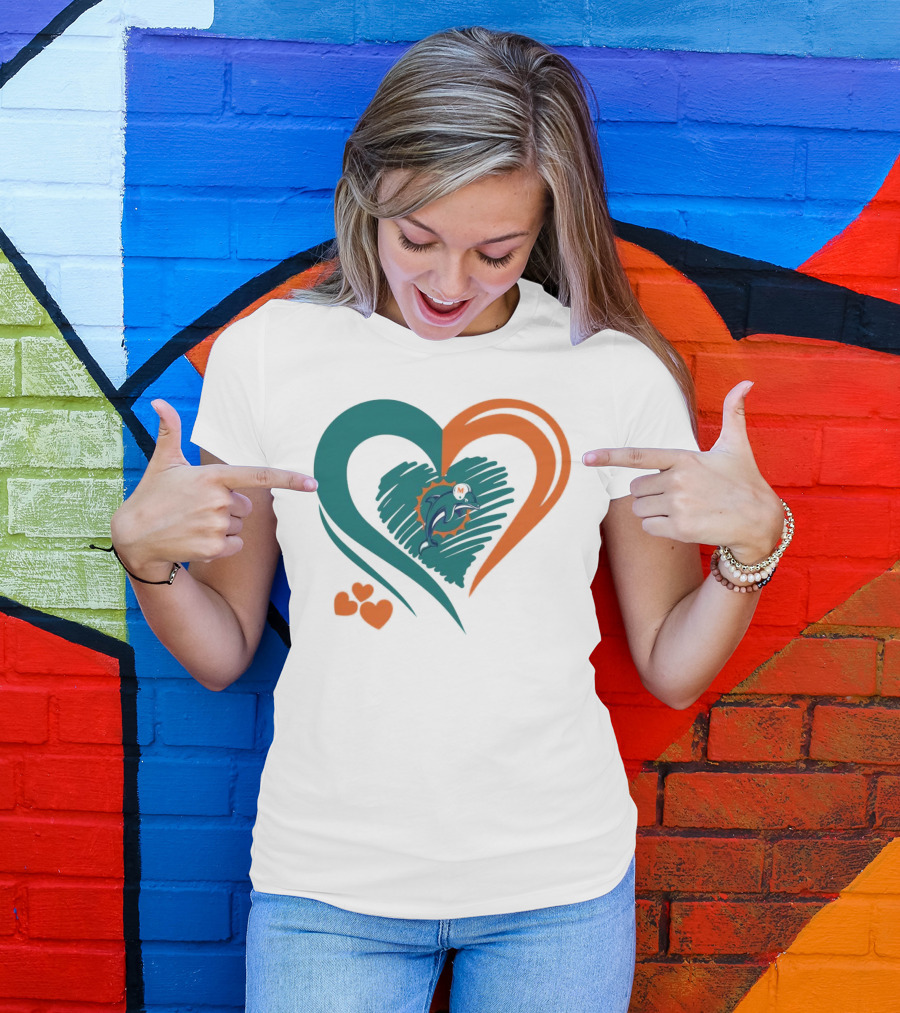 Miami Dolphins Heart Shape Emblem With Three Small Hearts T-Shirt