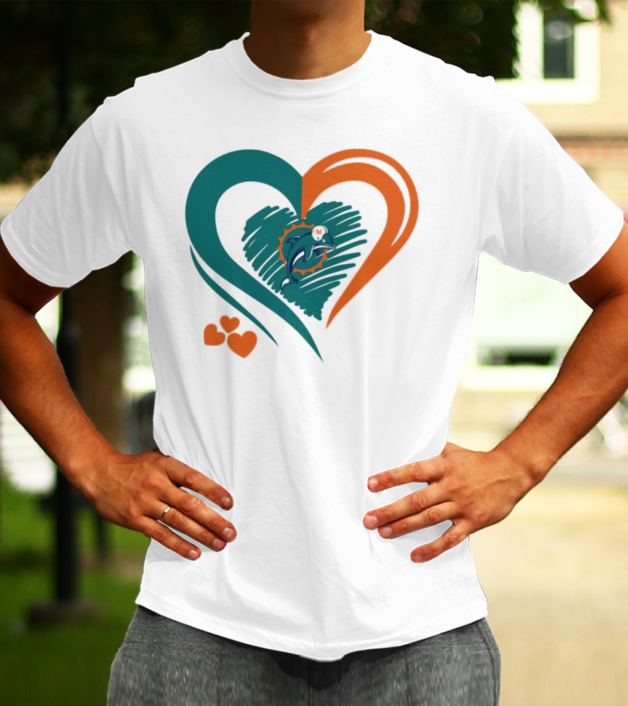 Miami Dolphins Heart Shape Emblem With Three Small Hearts T-Shirt