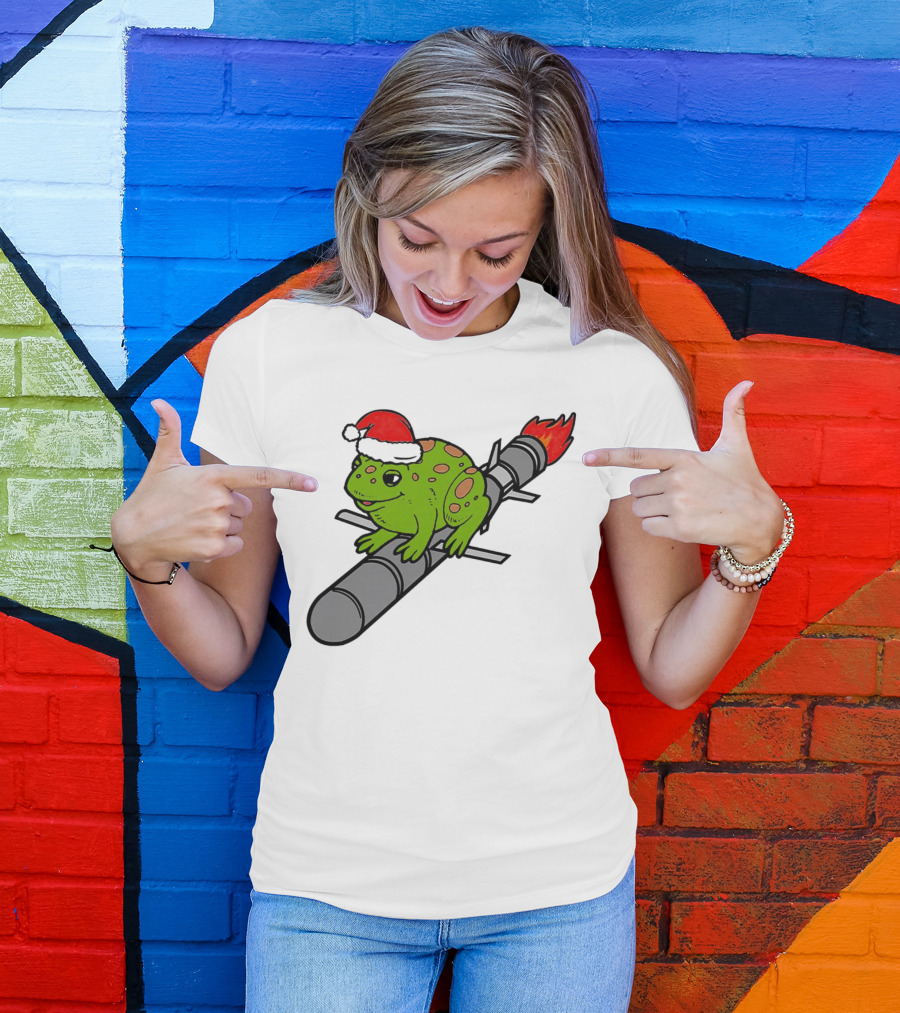Missile Toad Christmas Frog With Santa Hat Riding A Rocket T-Shirt