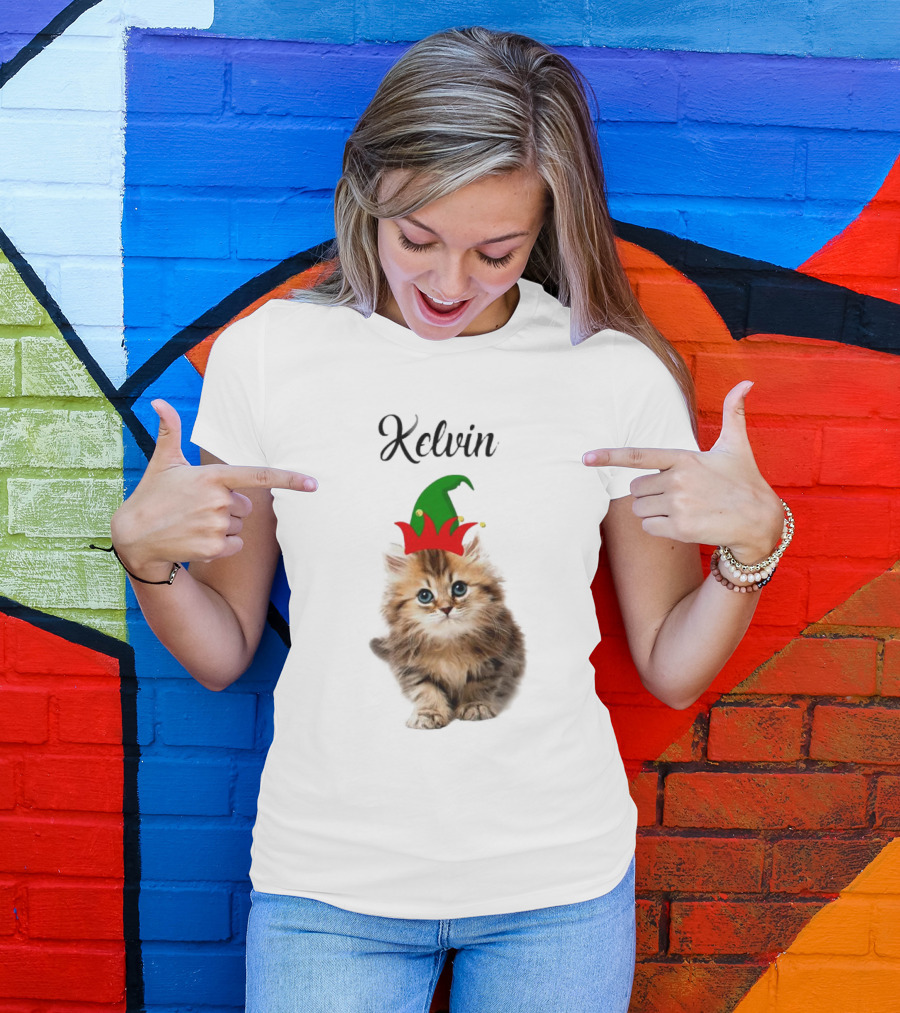 Kelvin Cat Wearing Elf Hat Merry Christmas Custom Name T-Shirt