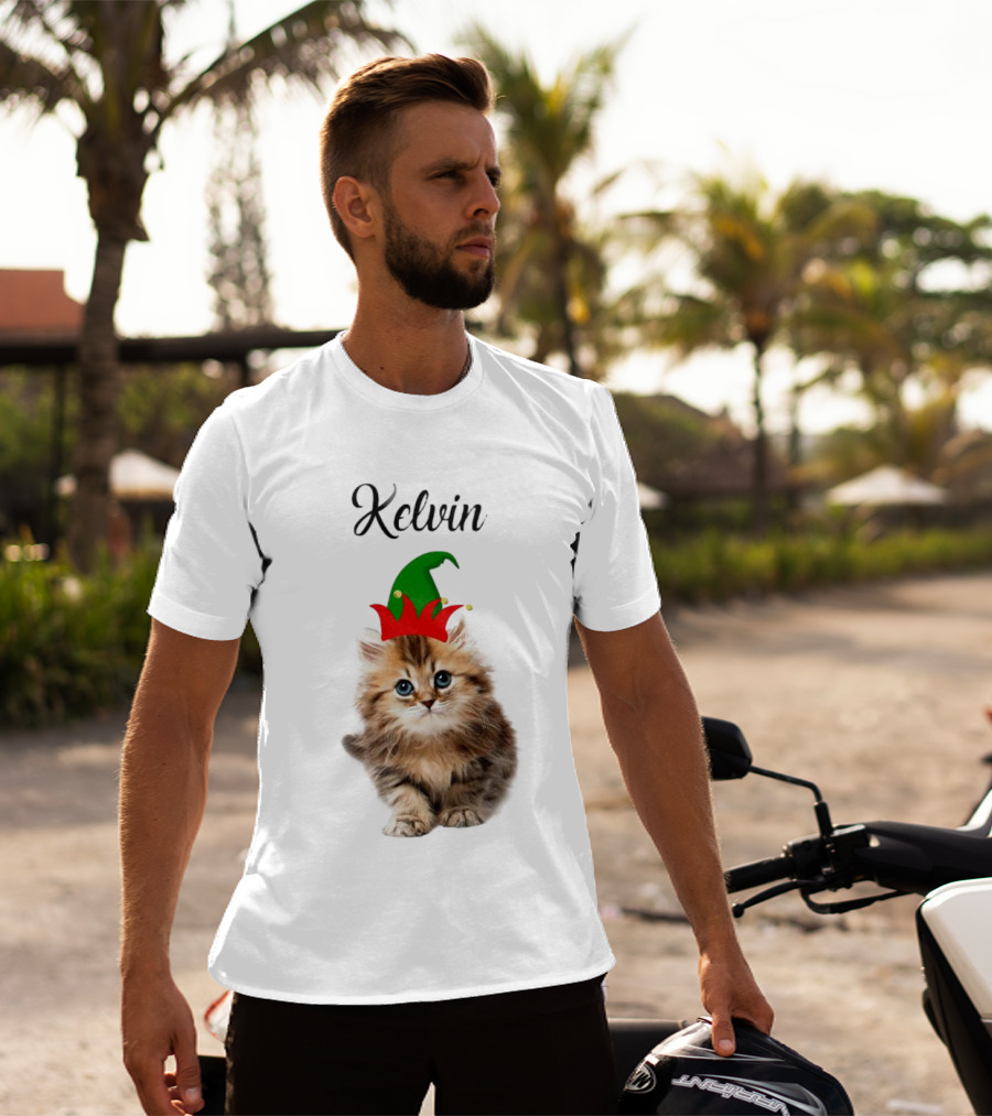 Kelvin Cat Wearing Elf Hat Merry Christmas Custom Name T-Shirt