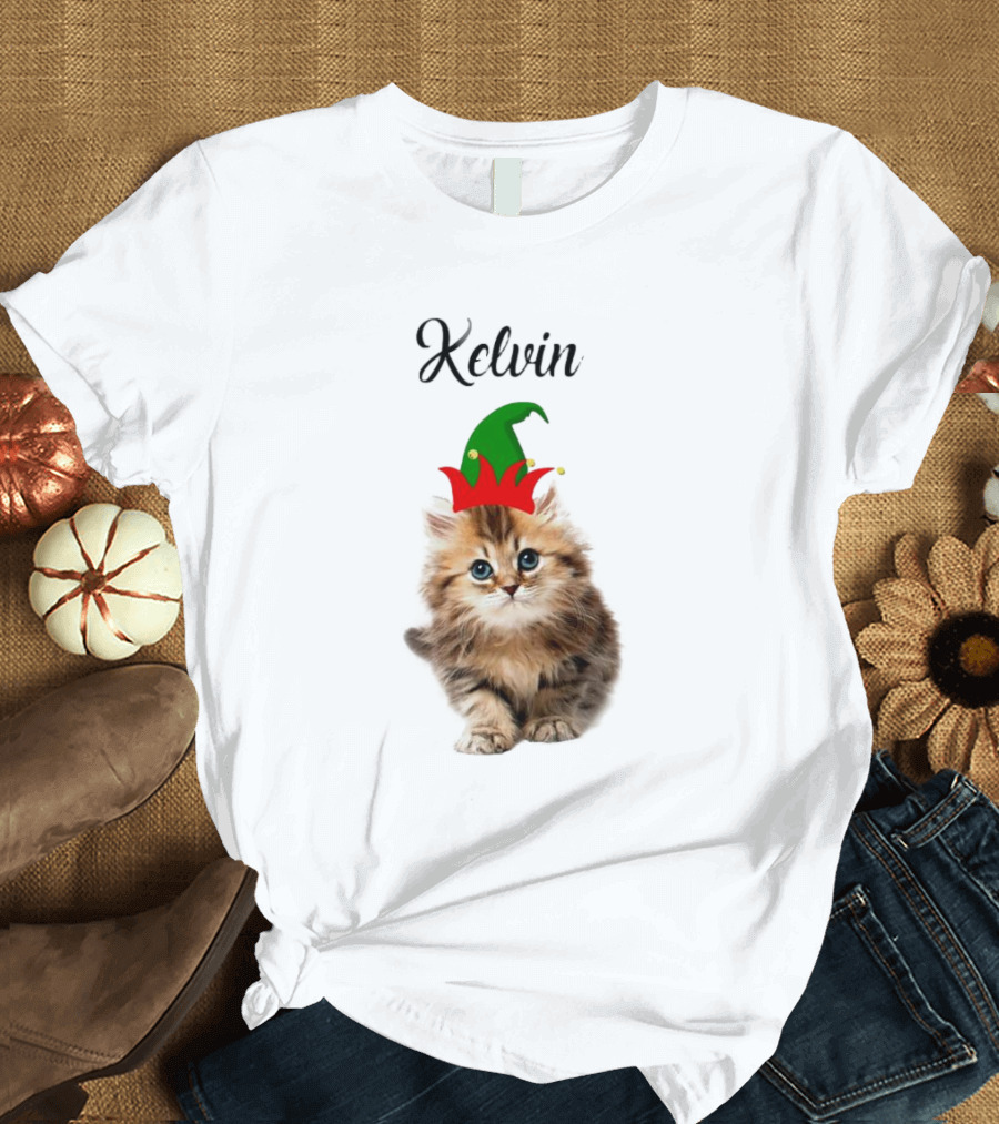 Kelvin Cat Wearing Elf Hat Merry Christmas Custom Name T-Shirt
