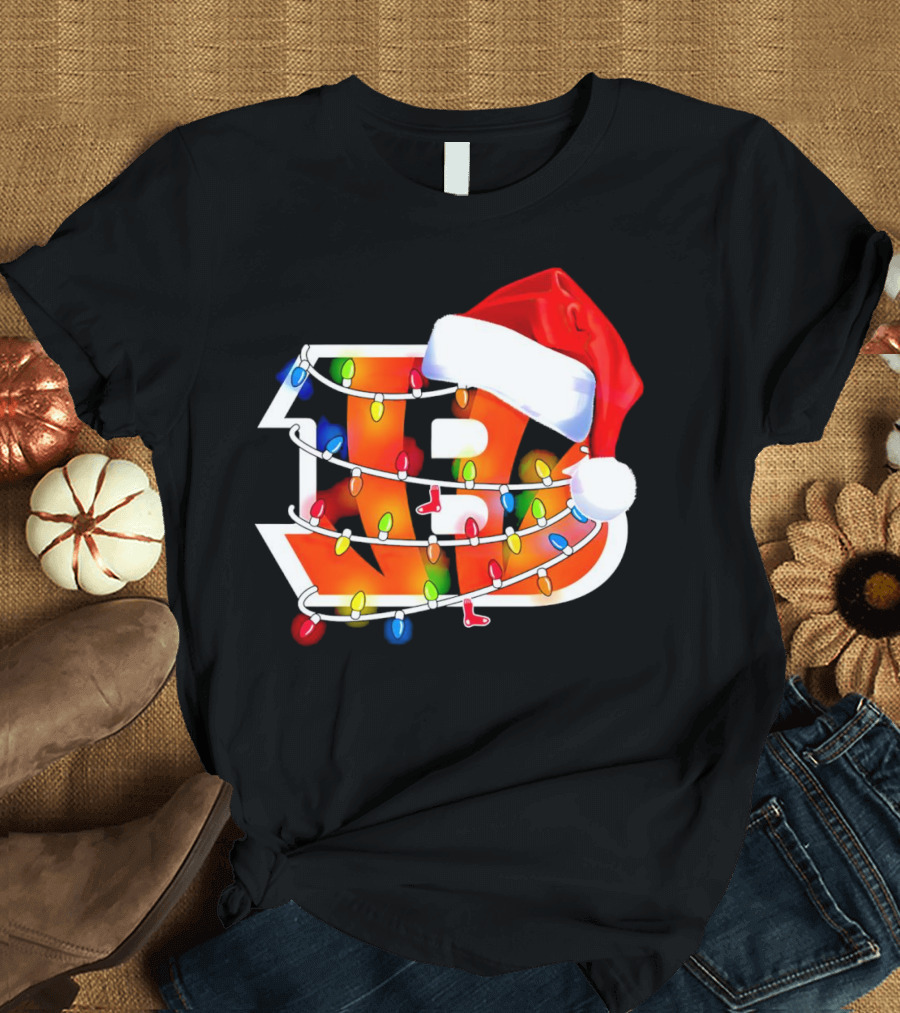 Cincinnati Bengals Christmas Lights Santa Hat Logo Holiday Football T-Shirt