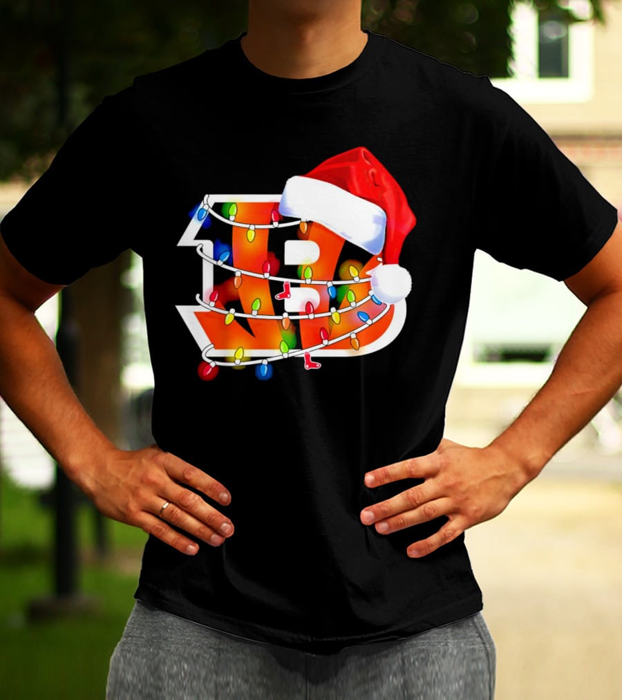 Cincinnati Bengals Christmas Lights Santa Hat Logo Holiday Football T-Shirt