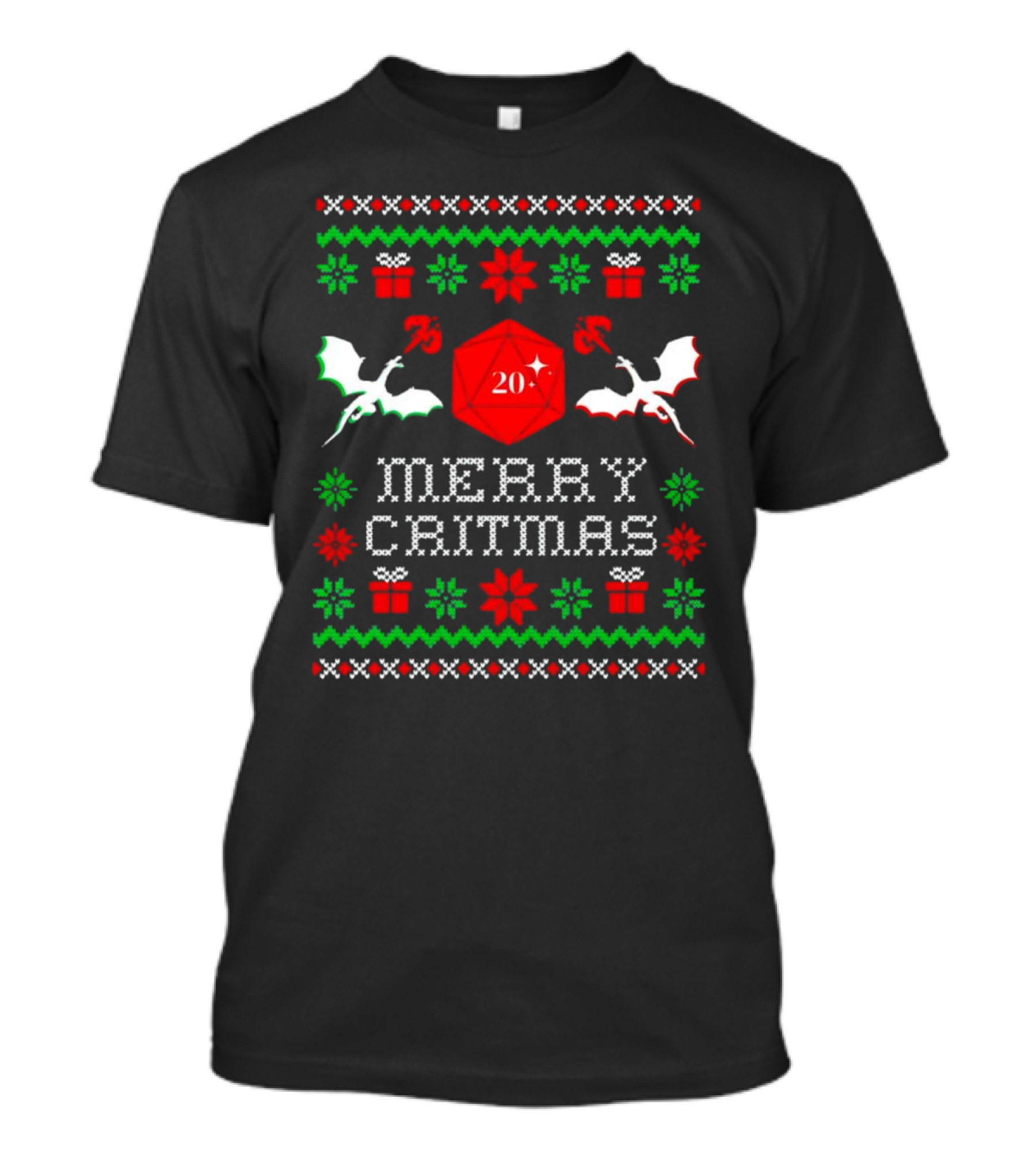 Merry Critmas Christmas Dragons With D20 Dice And Festive Decorations T-Shirt