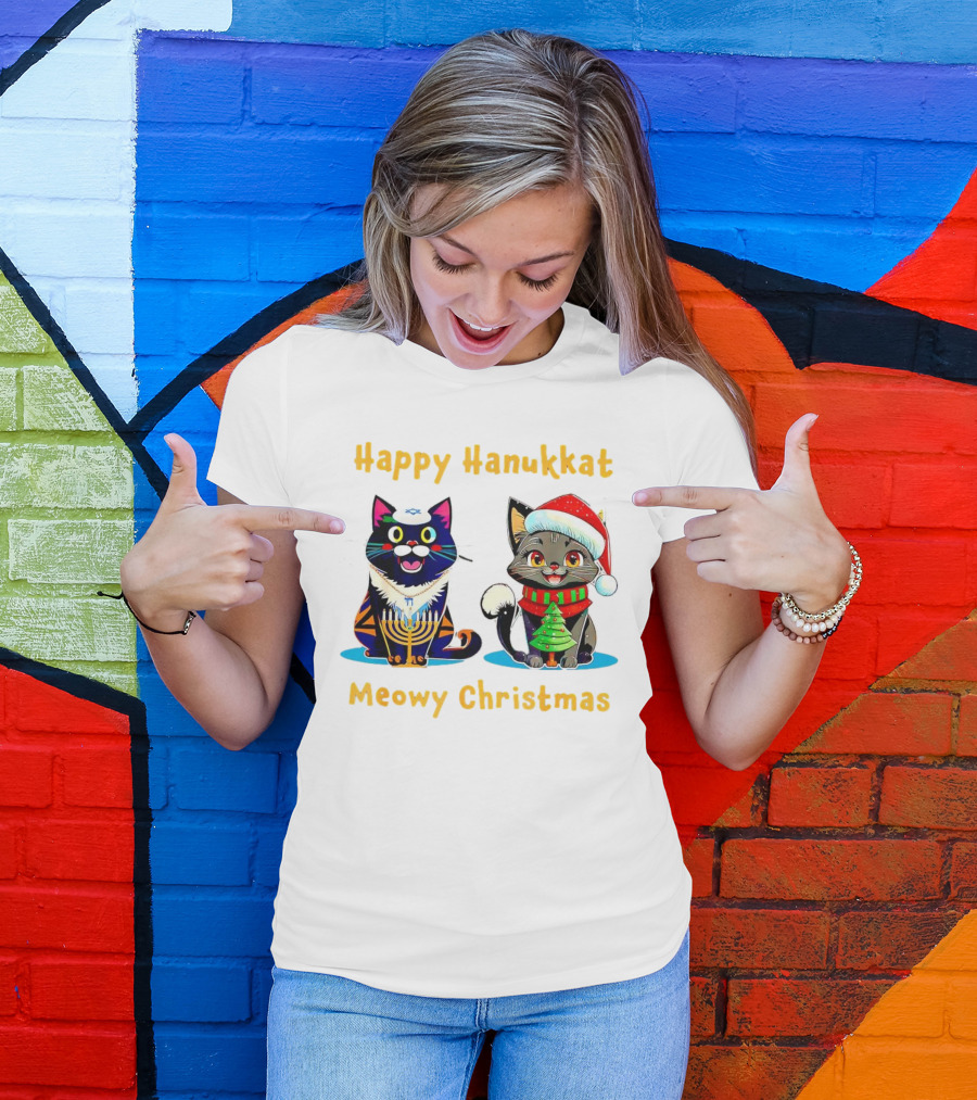 Happy Hanukkat Meowy Christmas Cats In Festive Holiday Attire T-Shirt