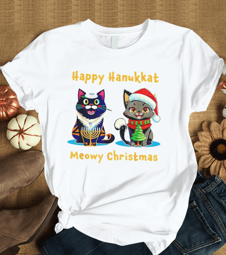 Happy Hanukkat Meowy Christmas Cats In Festive Holiday Attire T-Shirt