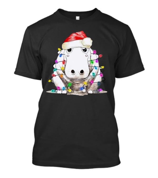 Santa Hippo Wrapped In Christmas Lights With Santa Hat T-Shirt
