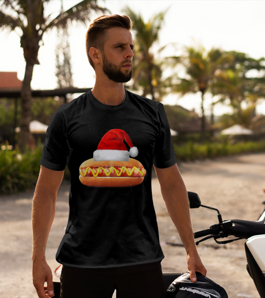 Santa Hat Hot Dog Christmas Family Dinner T-Shirt