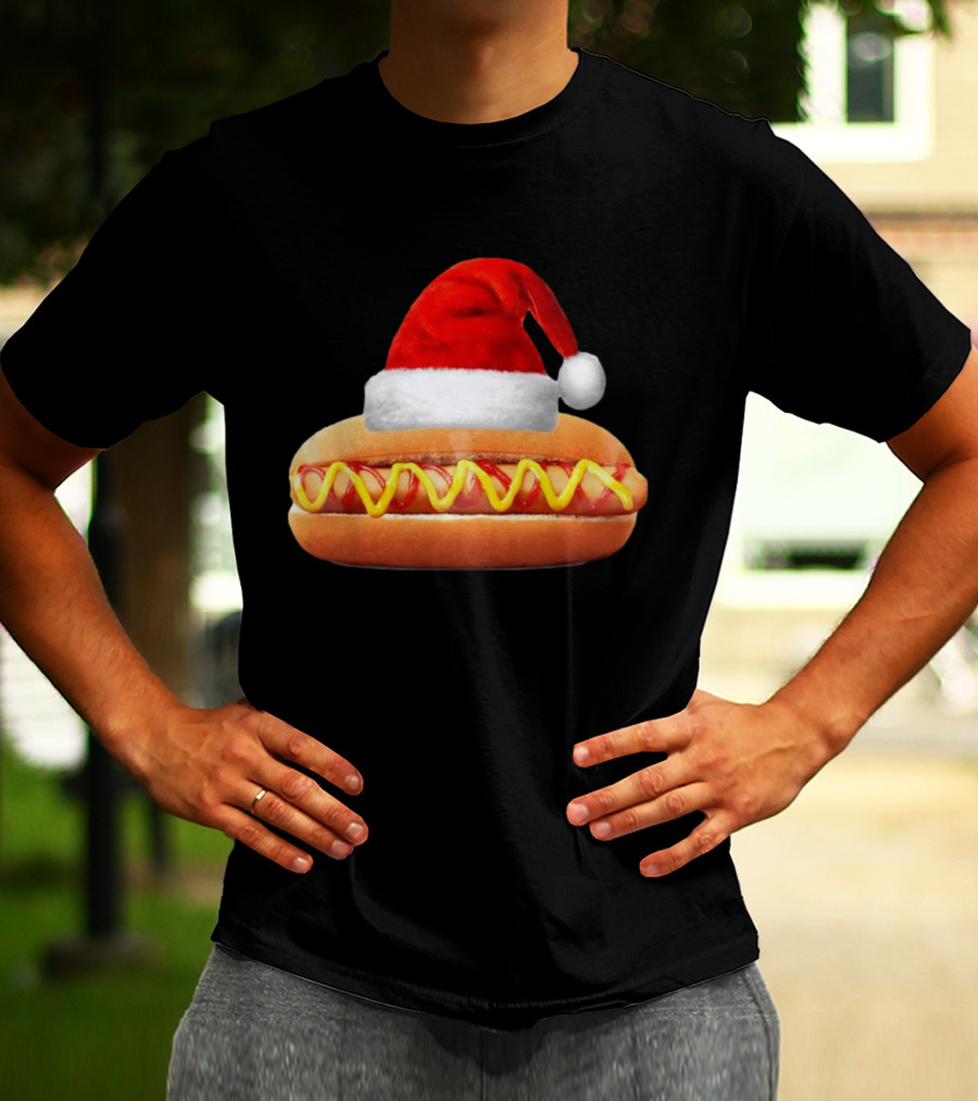 Santa Hat Hot Dog Christmas Family Dinner T-Shirt