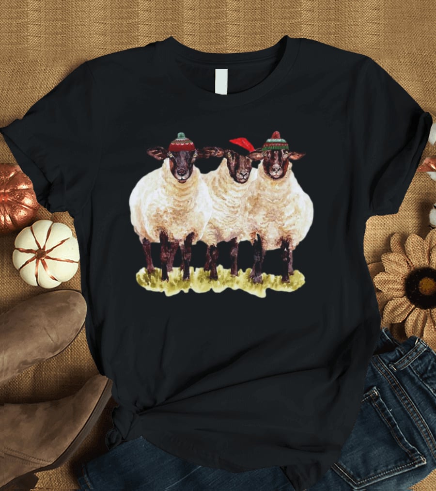Merry Christmas Santa Sheep Trio With Festive Hats T-Shirt