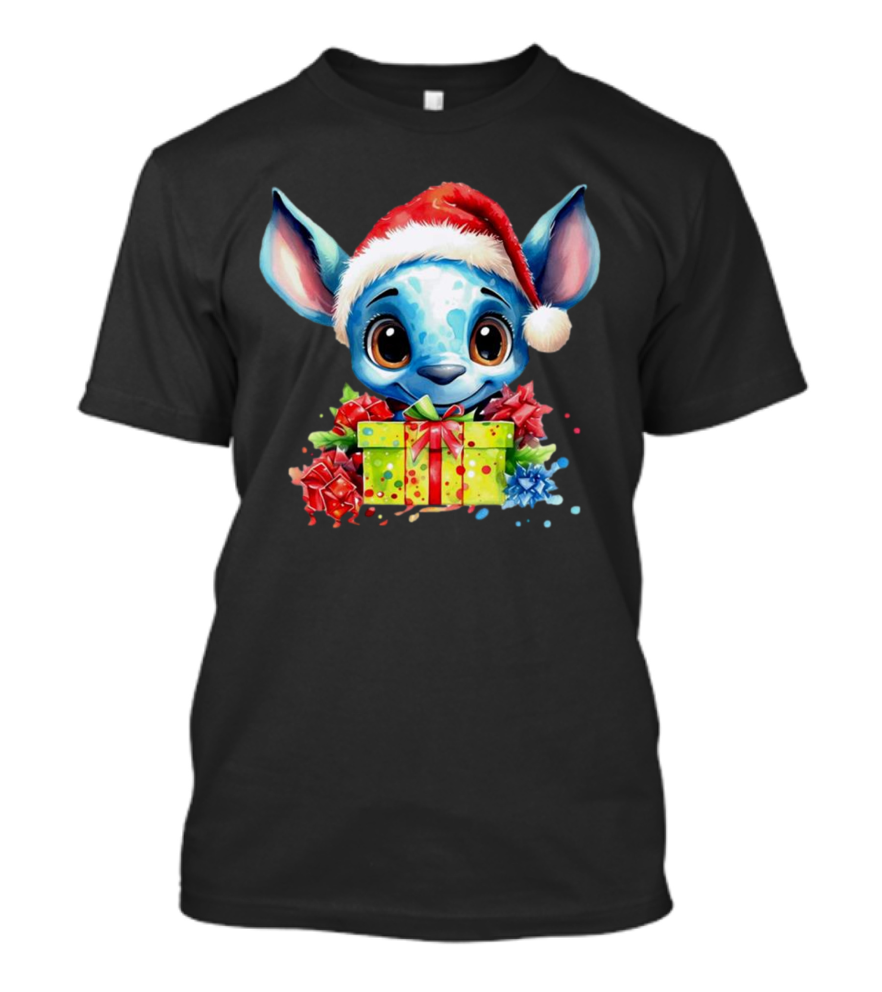 Santa Stitch Holiday Cheer With Christmas Present And Santa Hat T-Shirt