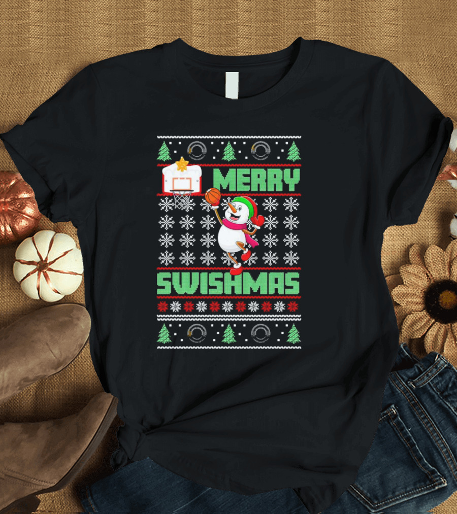 Merry Swishmas Snowman Playing Basketball Holiday T-Shirt