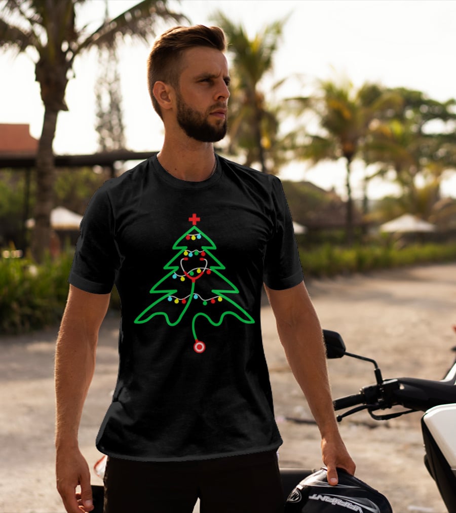 Stethoscope Shaped Christmas Tree With Holiday Lights T-Shirt