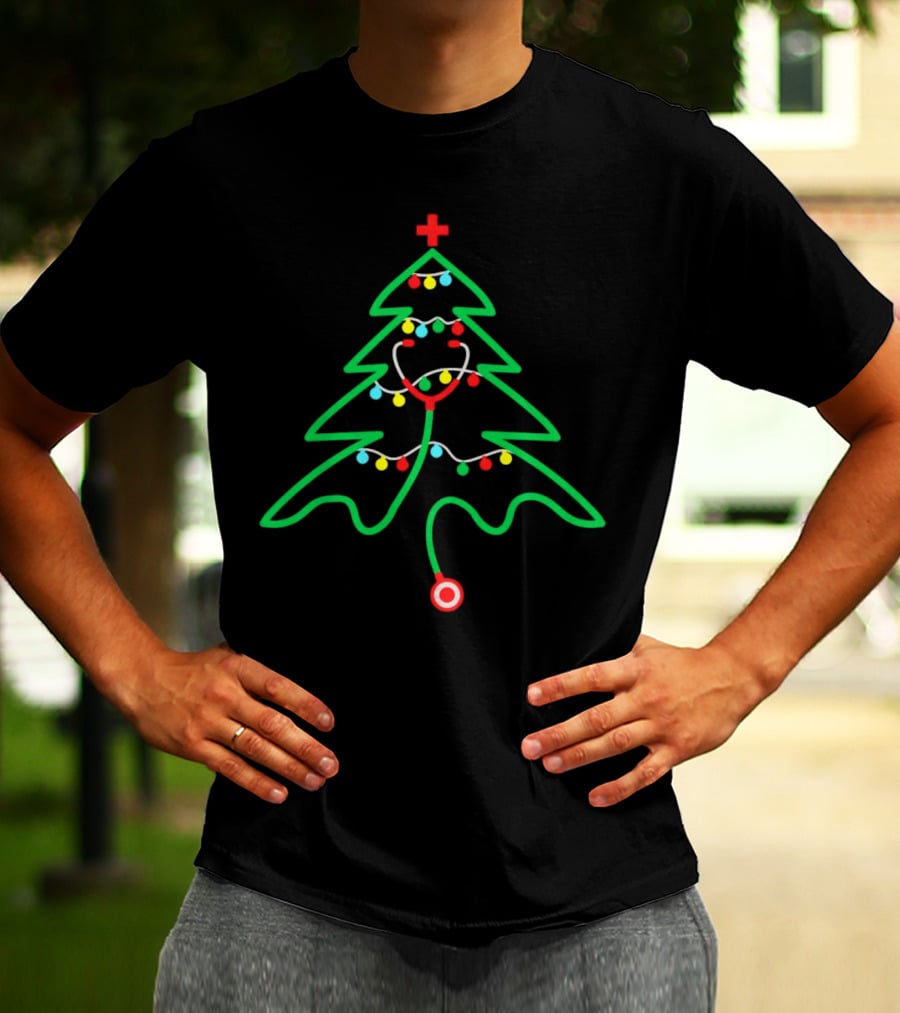 Stethoscope Shaped Christmas Tree With Holiday Lights T-Shirt