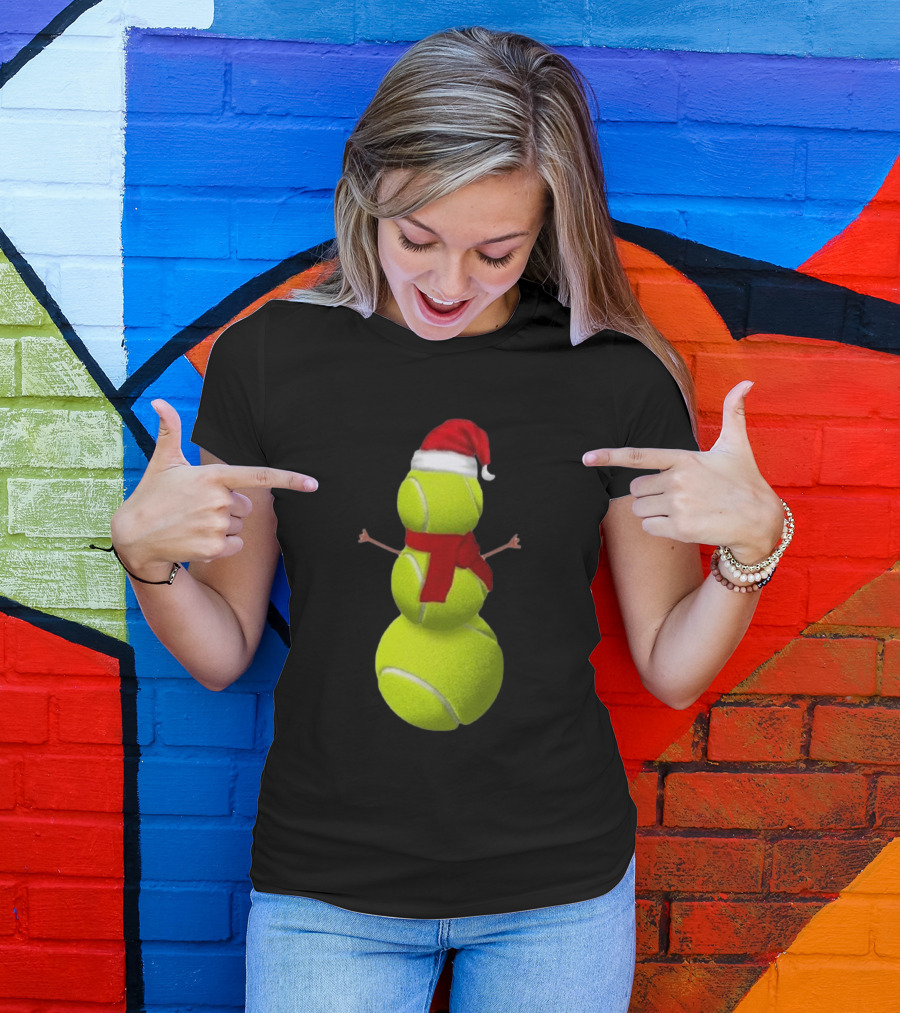 Tennis Ball Snowman With Santa Hat And Scarf Merry Christmas T-Shirt