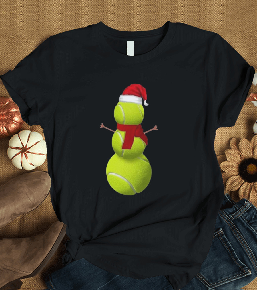 Tennis Ball Snowman With Santa Hat And Scarf Merry Christmas T-Shirt