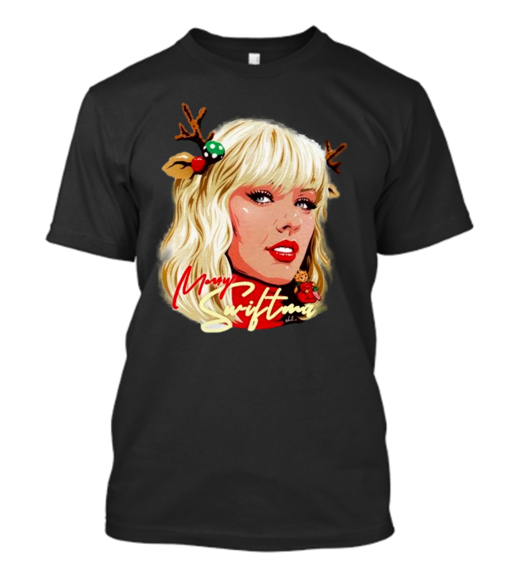 Merry Swiftmas Christmas Reindeer Antlers Bluscious Red Lips Holiday T-Shirt