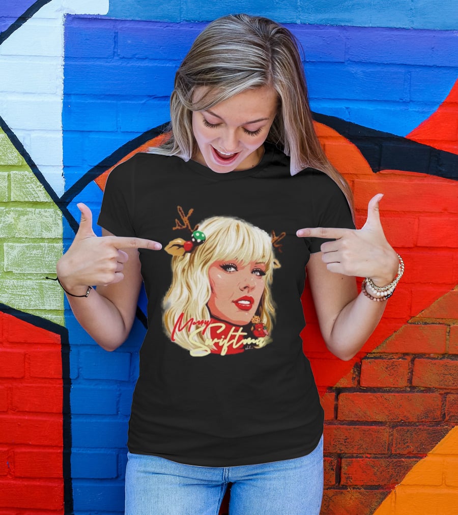 Merry Swiftmas Christmas Reindeer Antlers Bluscious Red Lips Holiday T-Shirt