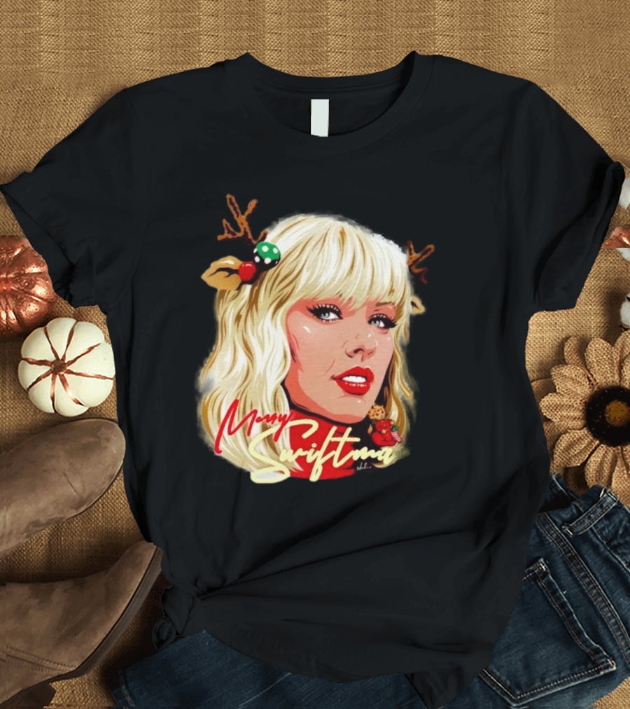 Merry Swiftmas Christmas Reindeer Antlers Bluscious Red Lips Holiday T-Shirt