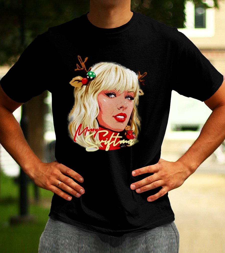 Merry Swiftmas Christmas Reindeer Antlers Bluscious Red Lips Holiday T-Shirt
