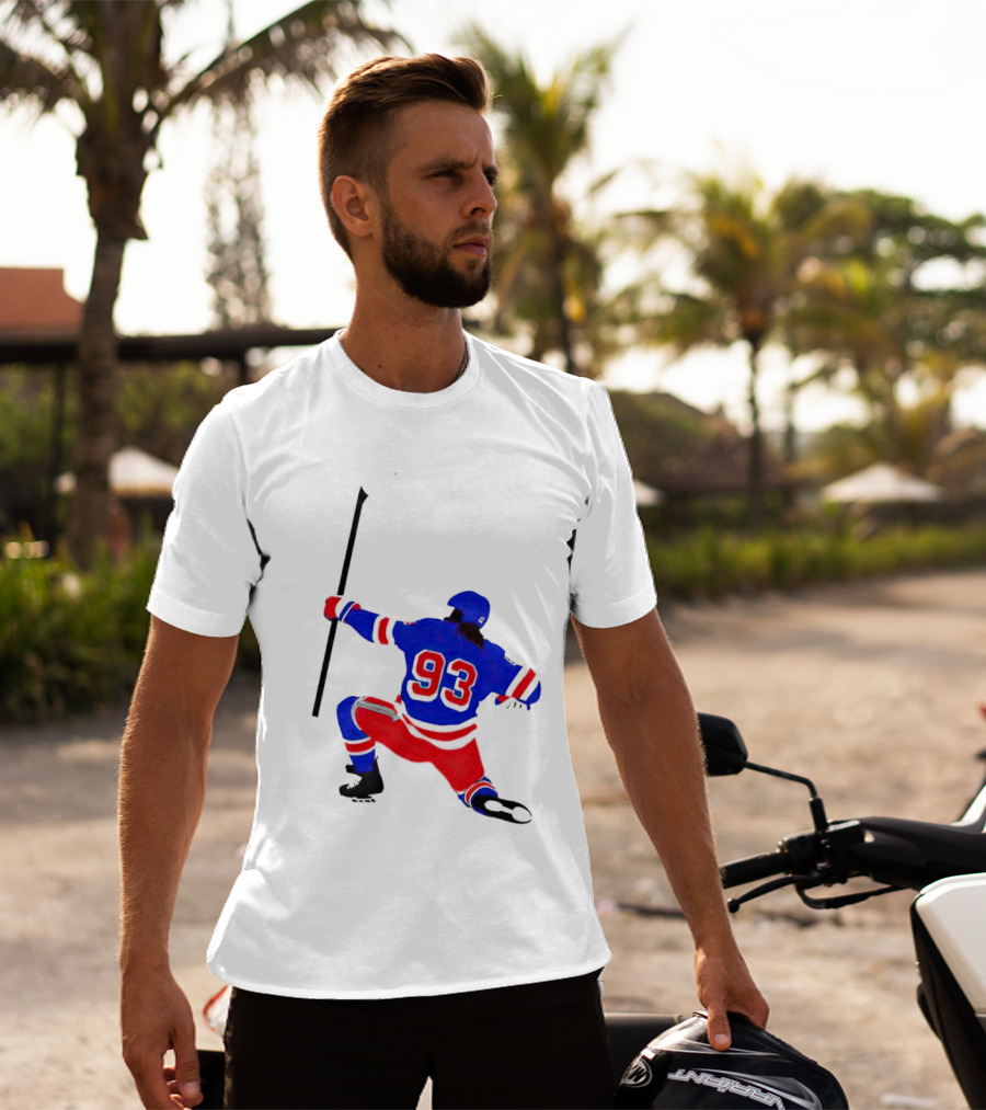 Mika Zibanejad Number 93 Hockey Celebration Iconic Bowing Pose T-Shirt