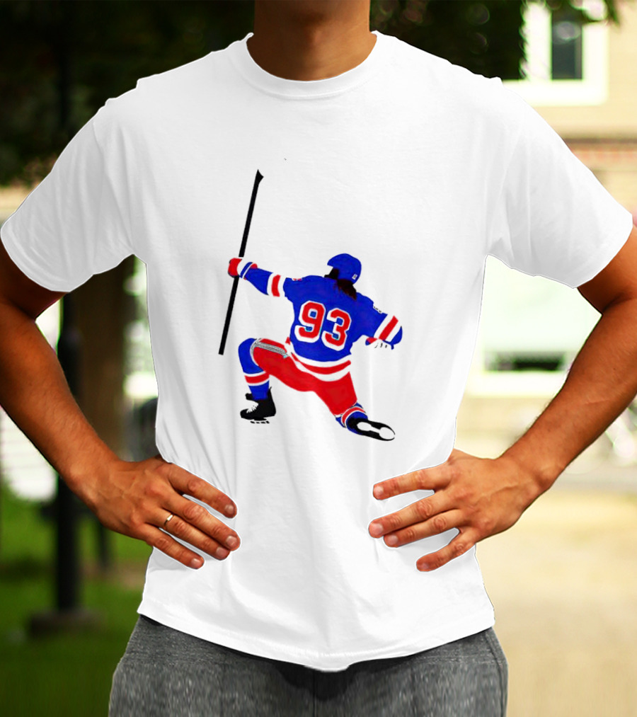 Mika Zibanejad Number 93 Hockey Celebration Iconic Bowing Pose T-Shirt