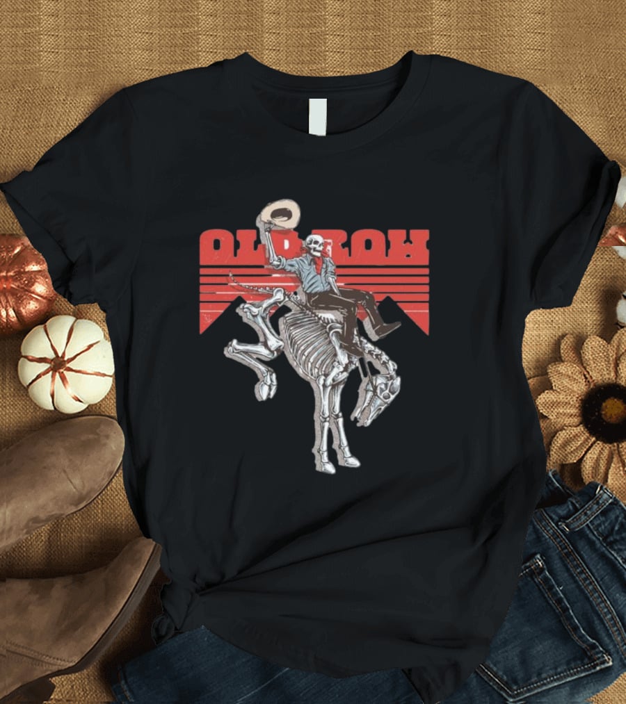 Old Row Skeleton Cowboy Riding A Skeleton Horse With Red Background Stripes T-Shirt