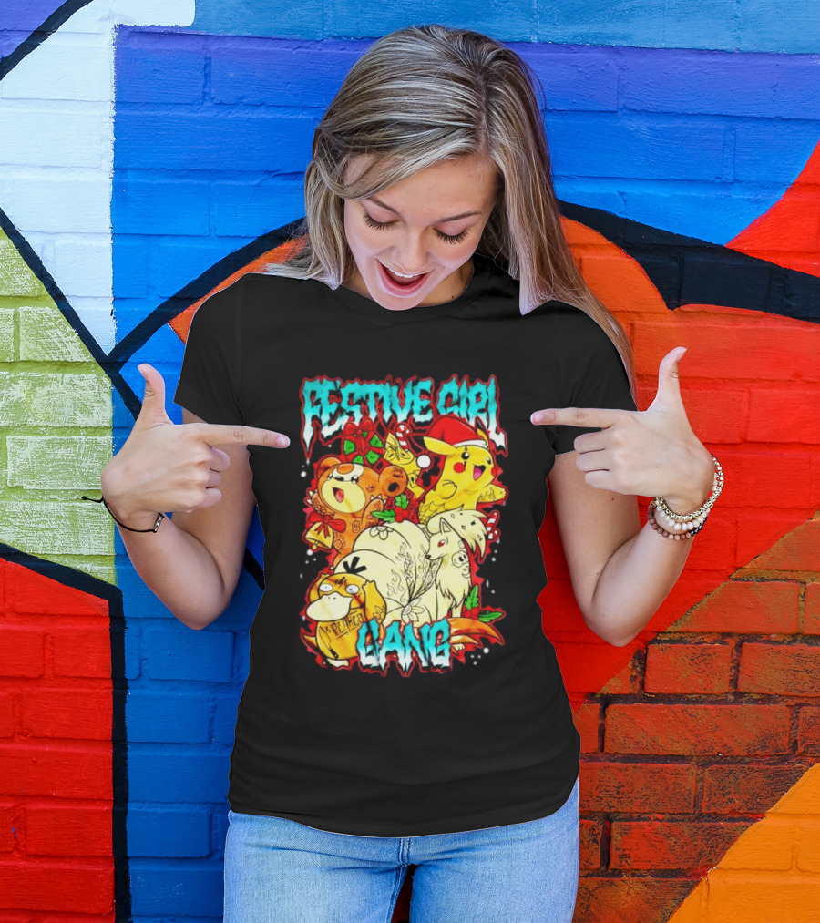 Festive Girl Gang Pokémon Pikachu Psyduck Clefairy Vulpix Christmas T-Shirt