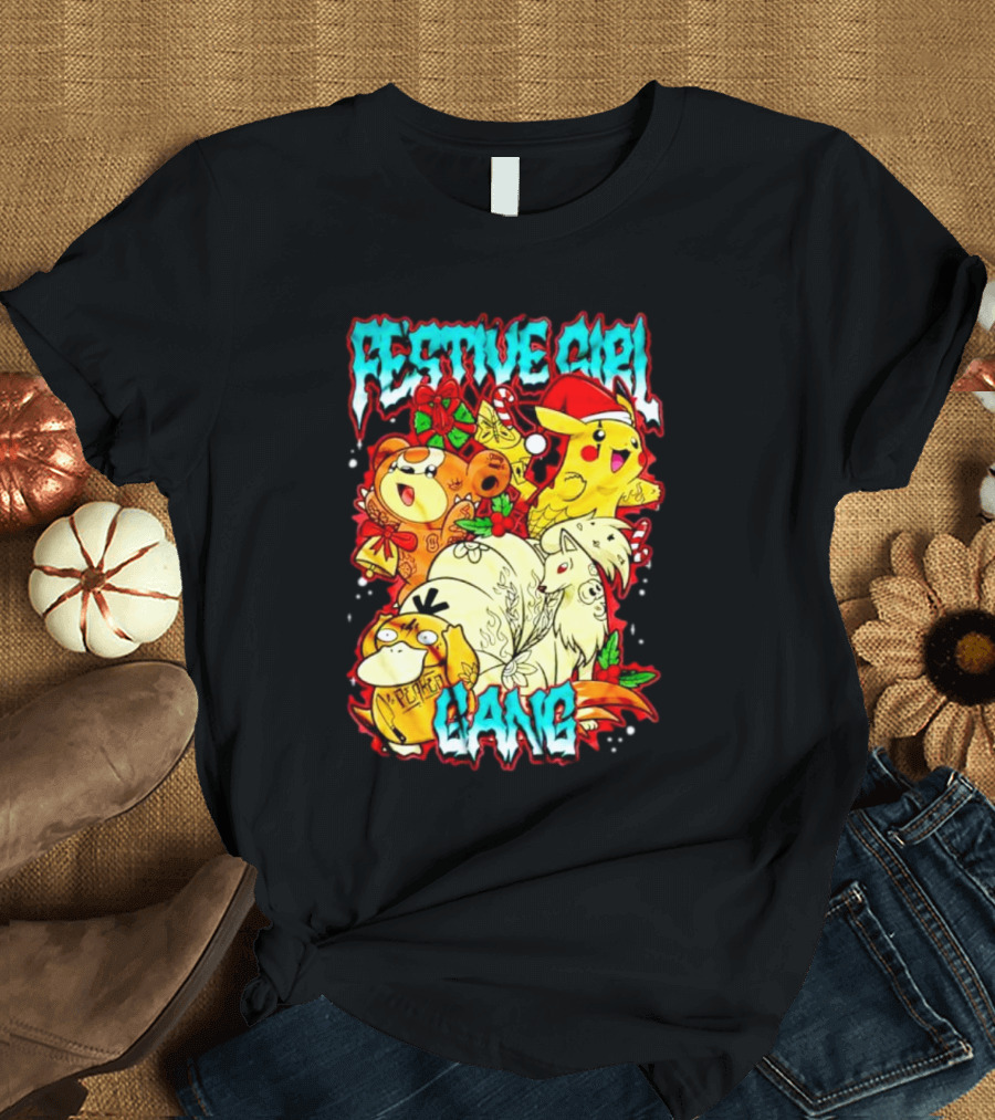 Festive Girl Gang Pokémon Pikachu Psyduck Clefairy Vulpix Christmas T-Shirt