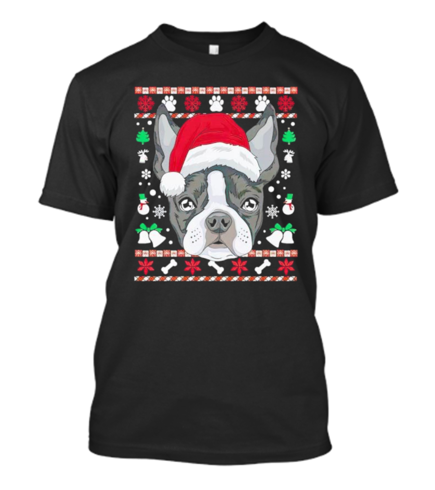 Santa Boston Terrier Ugly Christmas Sweater Paws Bells Snowflakes T-Shirt