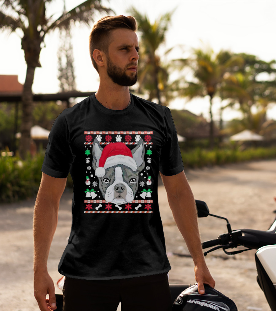 Santa Boston Terrier Ugly Christmas Sweater Paws Bells Snowflakes T-Shirt