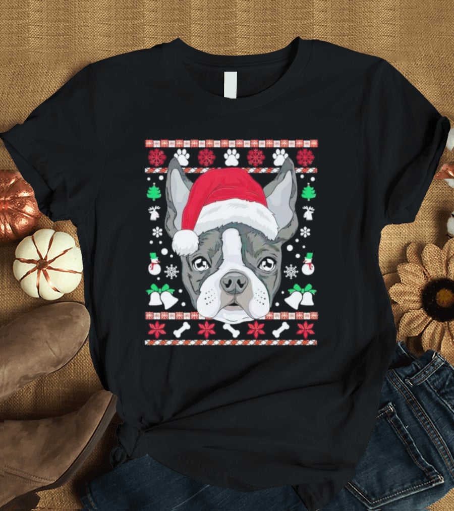 Santa Boston Terrier Ugly Christmas Sweater Paws Bells Snowflakes T-Shirt