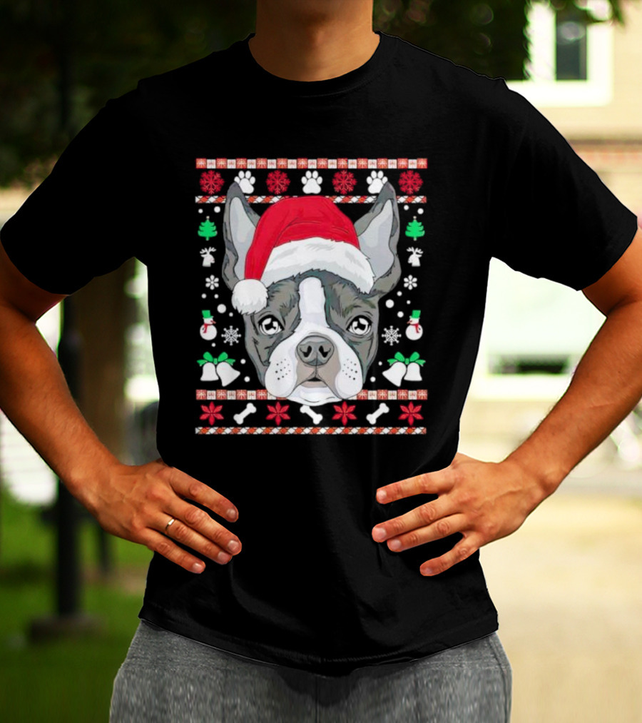 Santa Boston Terrier Ugly Christmas Sweater Paws Bells Snowflakes T-Shirt