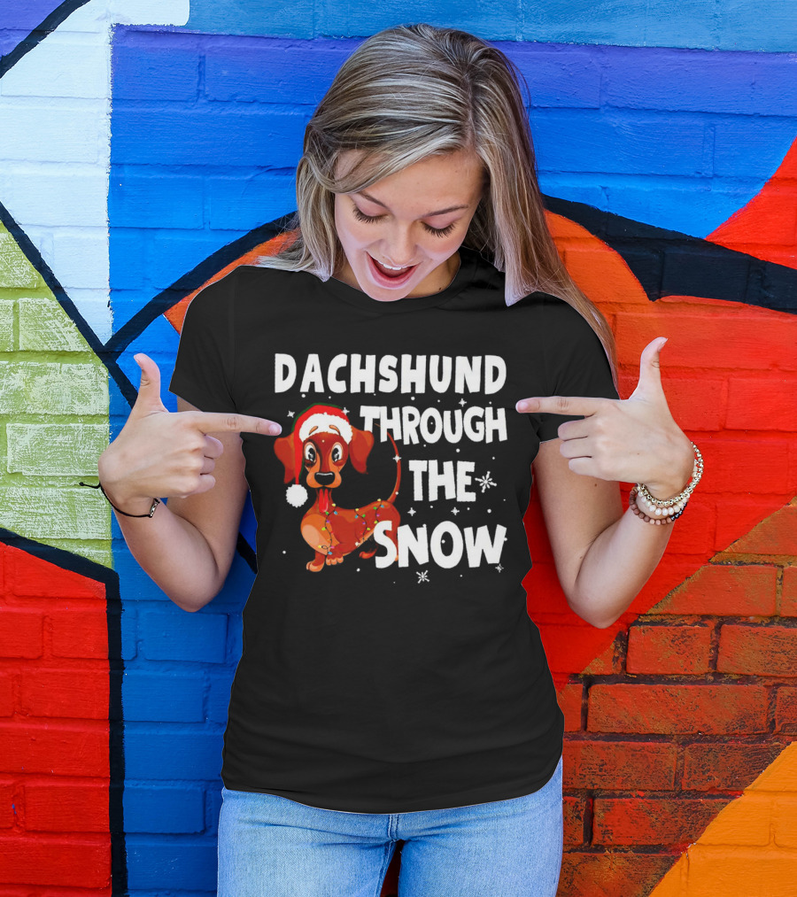 Dachshund Through The Snow Christmas Santa Dog With Lights T-Shirt