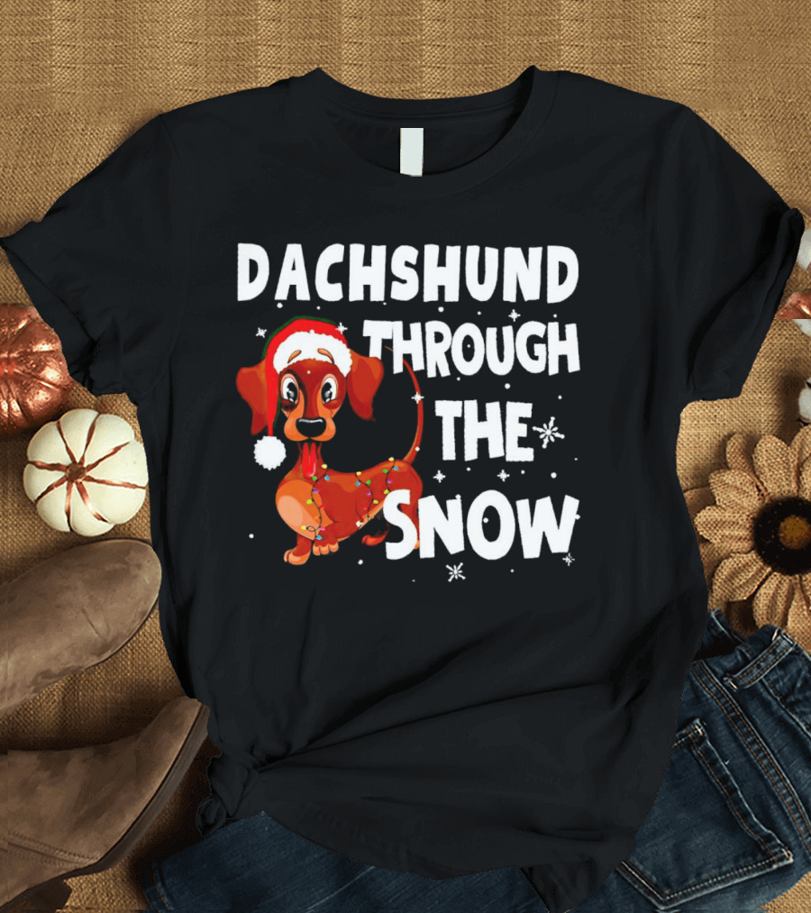 Dachshund Through The Snow Christmas Santa Dog With Lights T-Shirt