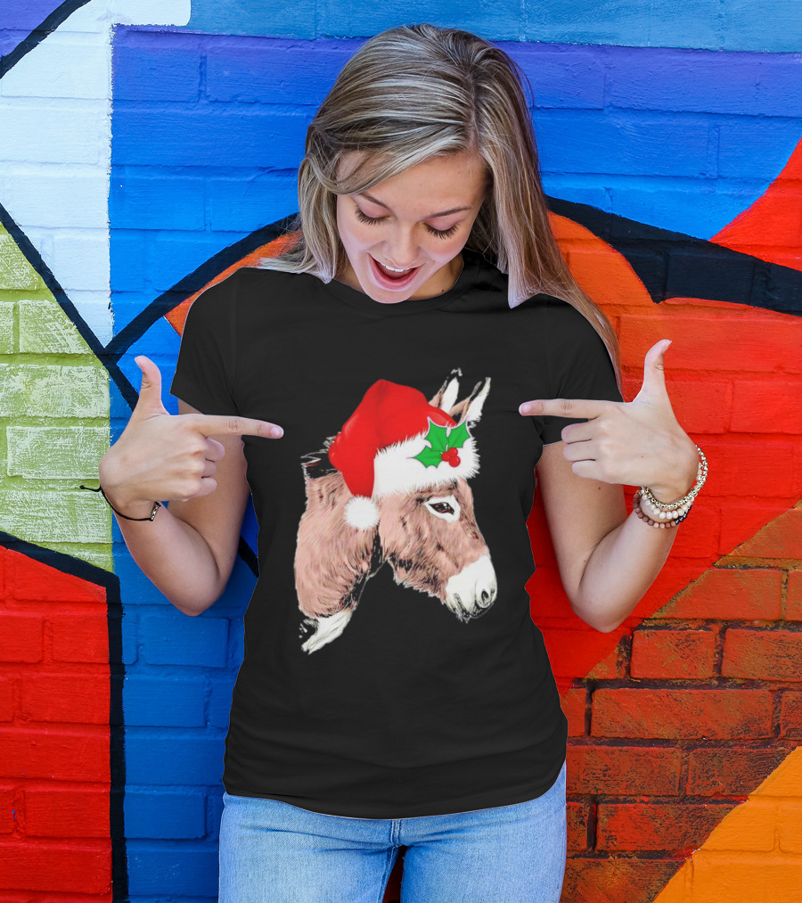 Santa Donkey Festive Hat Christmas Hollys T-Shirt