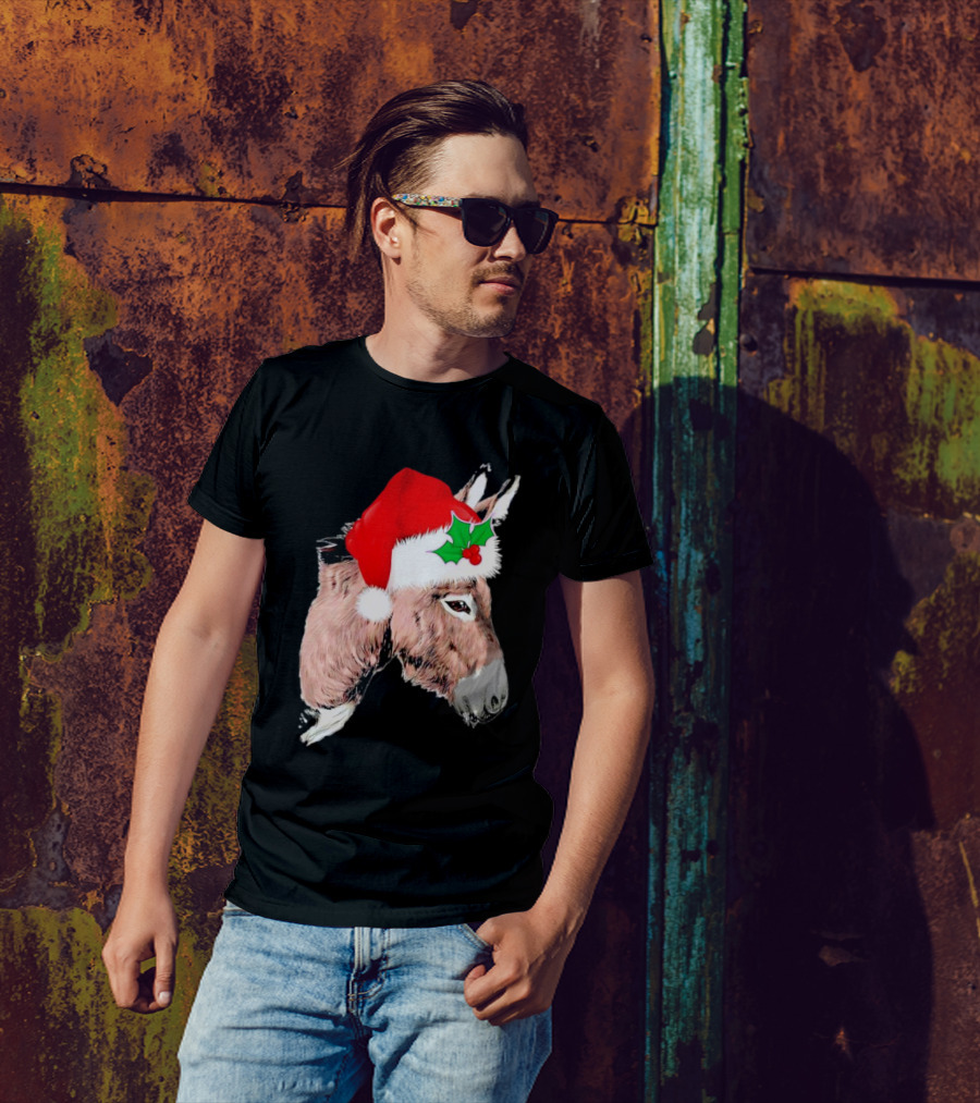 Santa Donkey Festive Hat Christmas Hollys T-Shirt