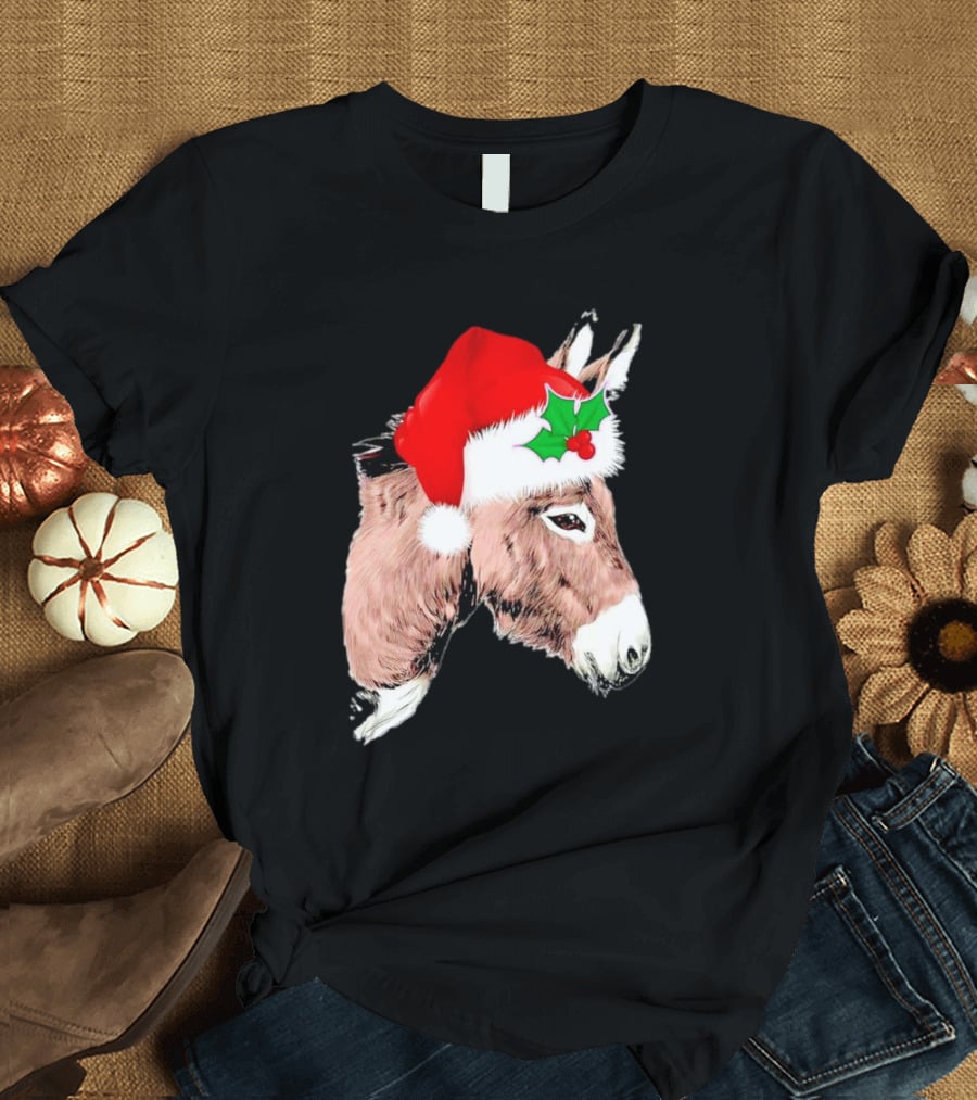 Santa Donkey Festive Hat Christmas Hollys T-Shirt