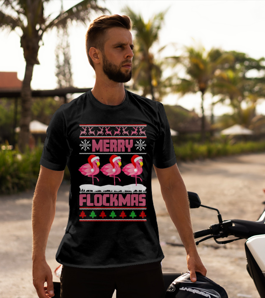 Merry Flockmas Christmas Santa Flamingo Trio Holiday T-Shirt