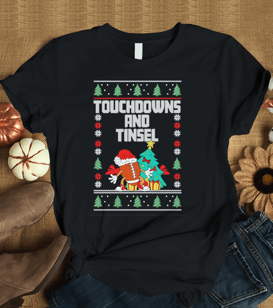 Touchdowns And Tinsel Christmas Football Santa With Tree And Gifts T-Shirt