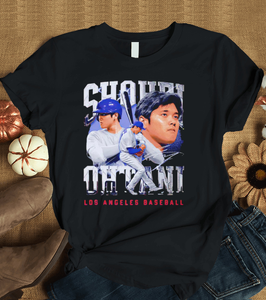 Shohei Ohtani Los Angeles Baseball Player Portrait And Action Scene T-Shirt