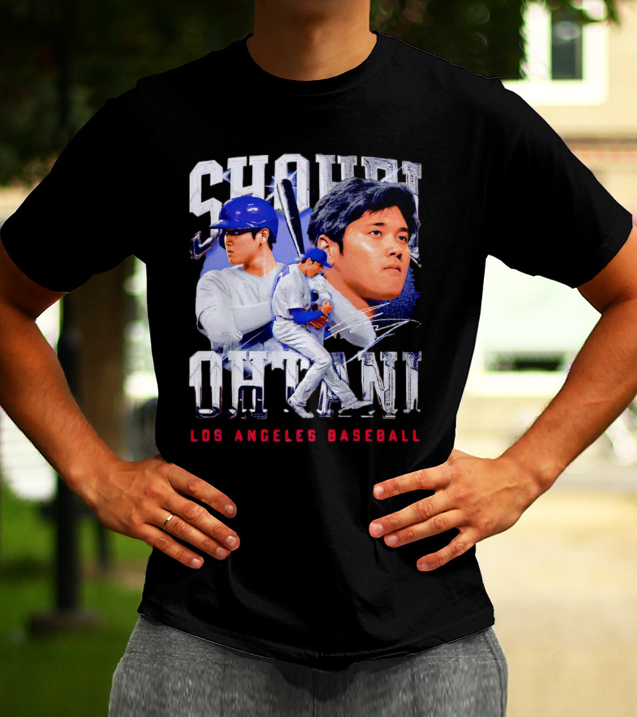 Shohei Ohtani Los Angeles Baseball Player Portrait And Action Scene T-Shirt